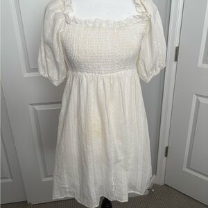 Altar'd State White eyelet lined  Smocked Puff Sleeve Mini Dress